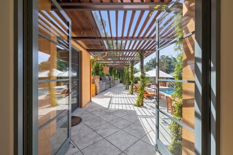Tile patio with sunshade
